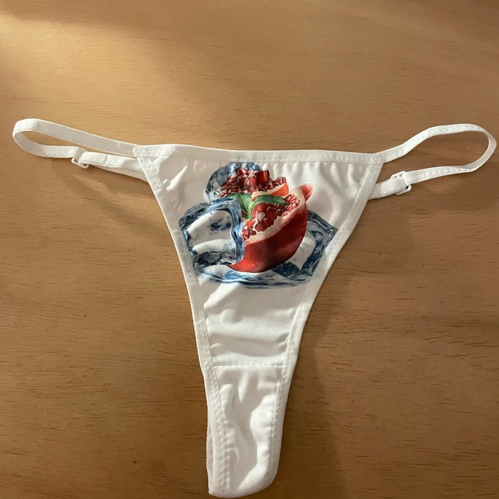 New Women’s White Adjustable Thong with Pomegranate 🧊 Ice Cube Design Sm-Med-Lrg - Picture 2 of 5